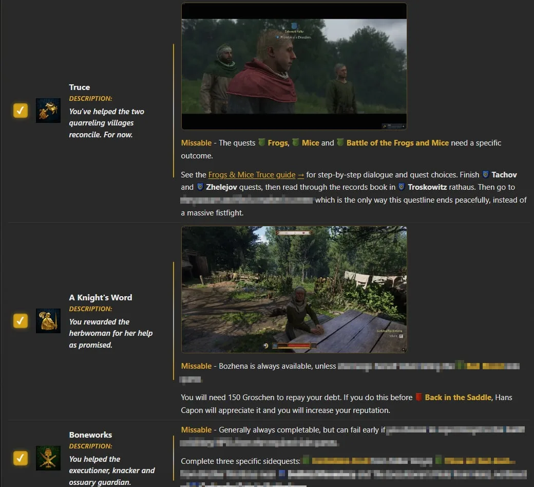 KCD2-Erfolgsliste mit verpassbaren Questausgängen