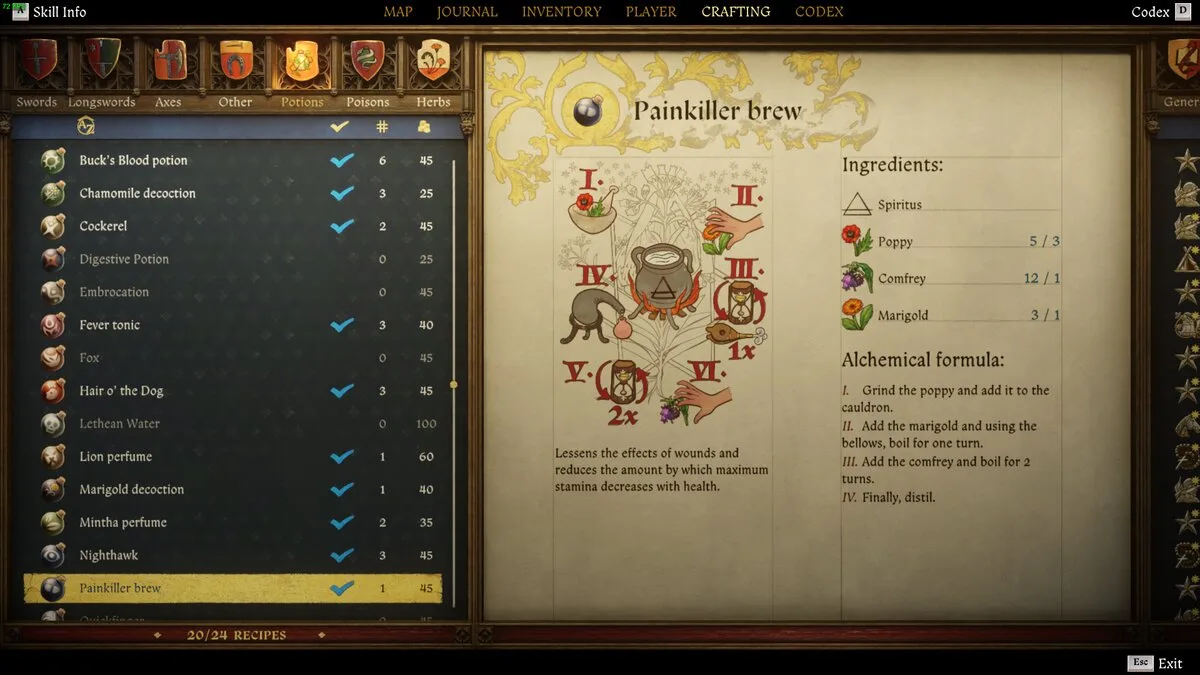 KCD2 recipes: Painkiller Brew instructions ending in distil